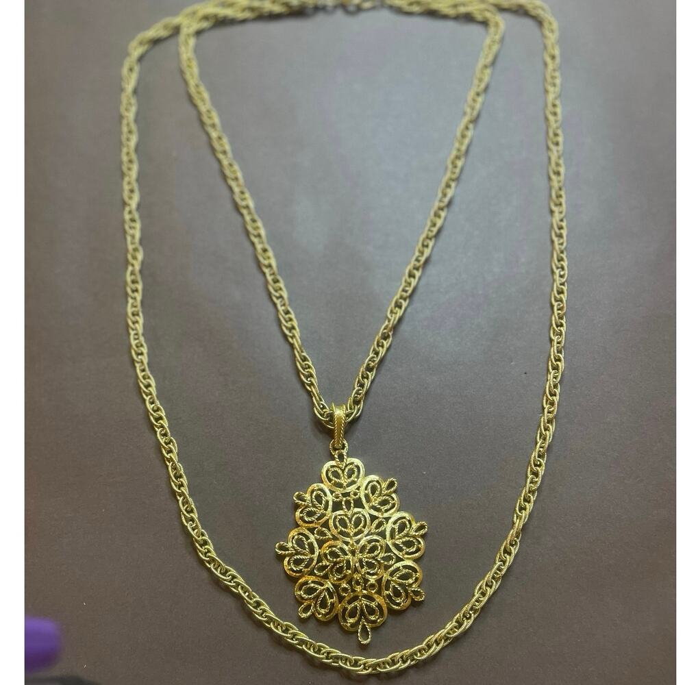 Signed Trifari Vintage Filigree Pendant Necklace Double Chain Gold Tone